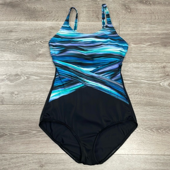 Gabar Horizon Stripe High Neck One Piece Tummy Control Swimsuit 12 - Picture 1 of 15